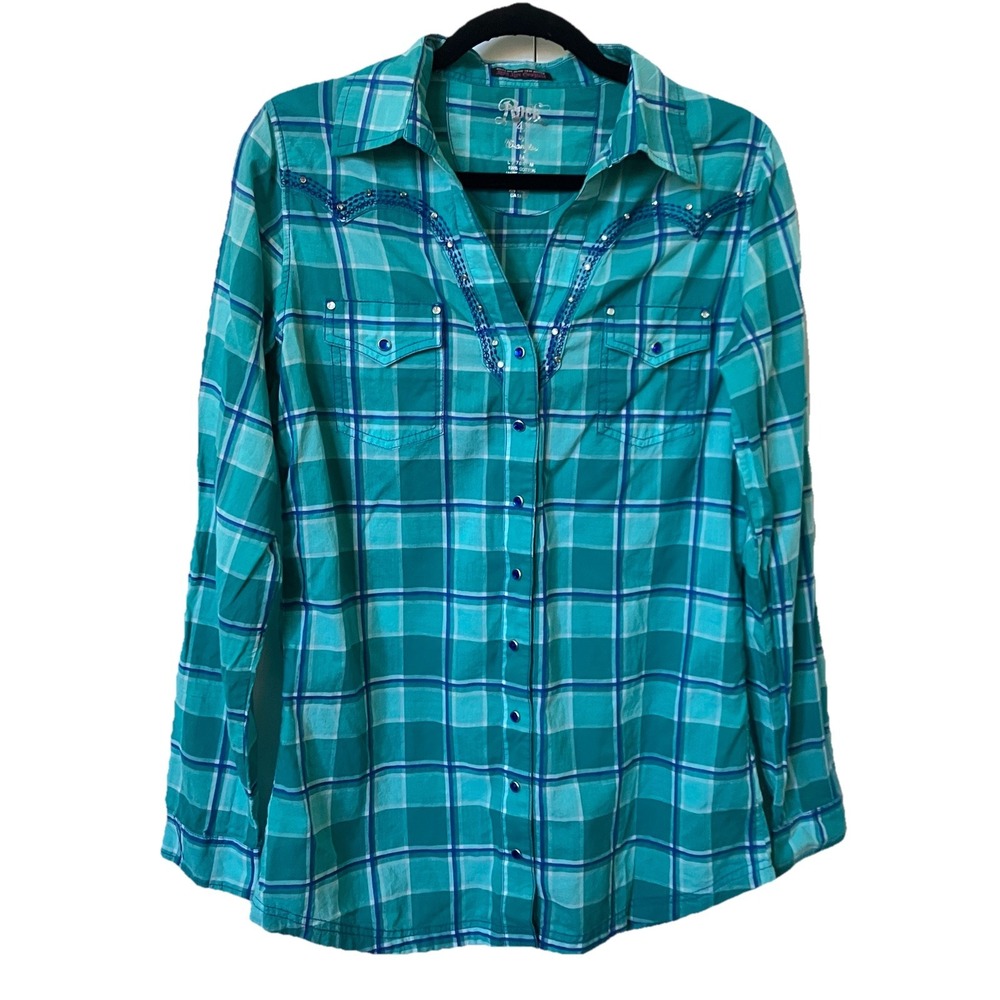 Wrangler Rock 47 Womens M Blue Plaid Pearl Snap Western Shirt Y2K Rhinestone M